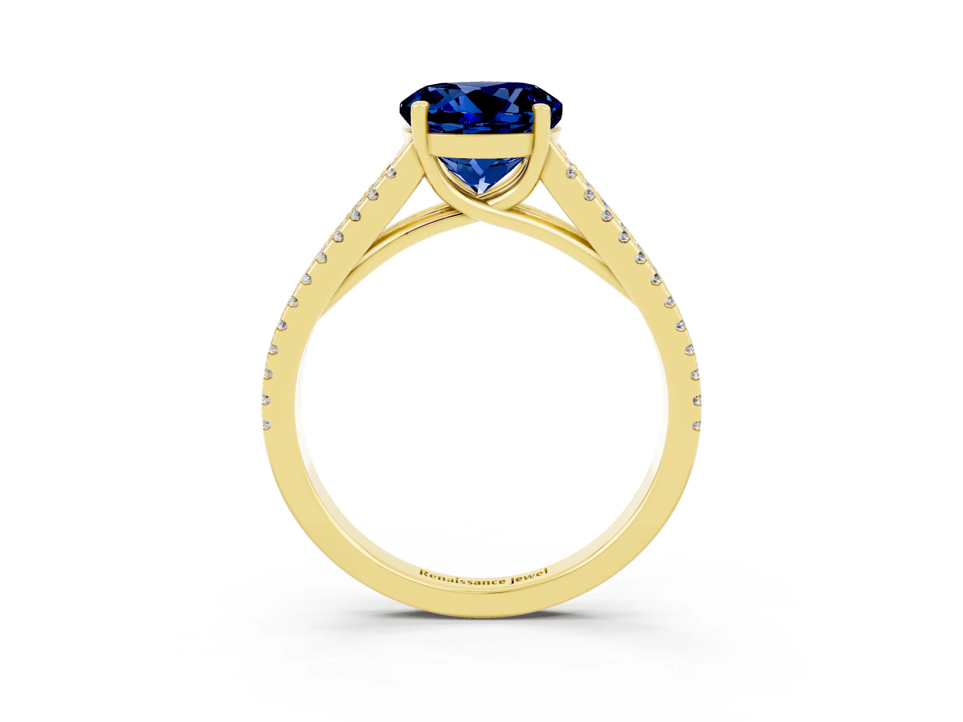 Yellow gold Round Cut Blue Sapphire Solitaire Engagement Ring with Split Shank Pavé Band_3