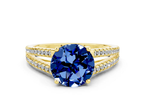 Yellow gold Round Cut Blue Sapphire Solitaire Engagement Ring with Split Shank Pavé Band