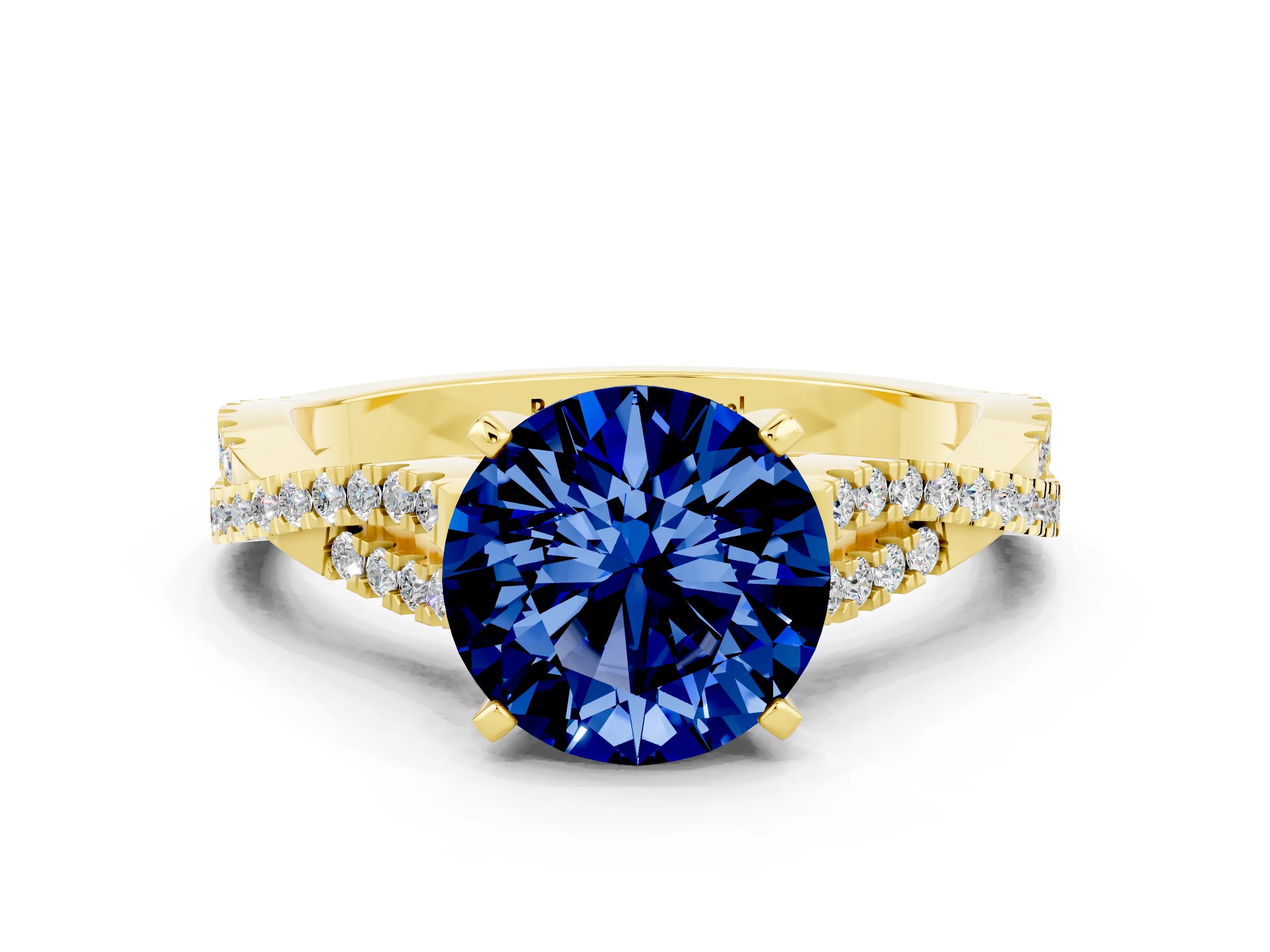 Yellow gold Round Cut Blue Sapphire Solitaire Engagement Ring with Twisted Pavé Band and Four-Prong Setting_12