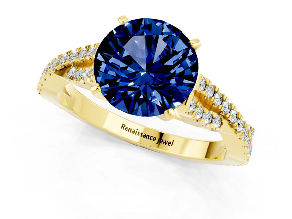 Yellow gold Round Cut Blue Sapphire Solitaire Engagement Ring with Twisted Pavé Band and Four-Prong Setting