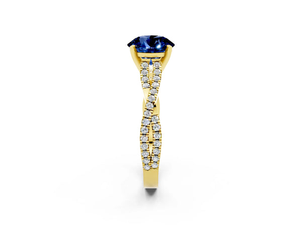 Yellow gold Round Cut Blue Sapphire Solitaire Engagement Ring with Twisted Pavé Band and Four-Prong Setting