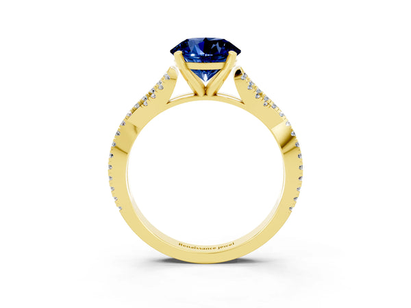Yellow gold Round Cut Blue Sapphire Solitaire Engagement Ring with Twisted Pavé Band and Four-Prong Setting