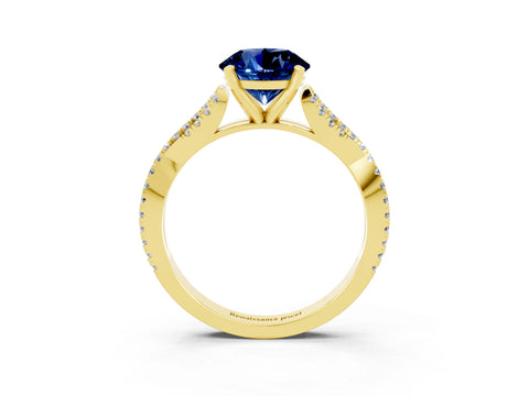 Yellow gold Round Cut Blue Sapphire Solitaire Engagement Ring with Twisted Pavé Band and Four-Prong Setting_15