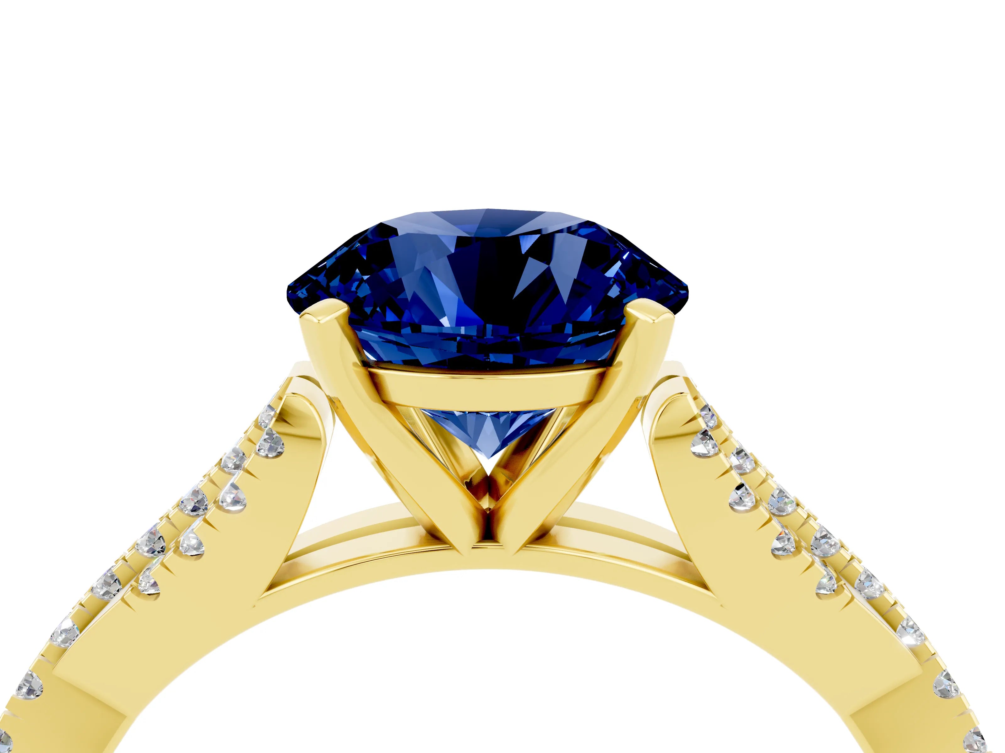 Yellow gold Round Cut Blue Sapphire Solitaire Engagement Ring with Twisted Pavé Band and Four-Prong Setting_16