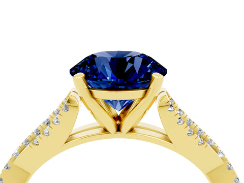 Yellow gold Round Cut Blue Sapphire Solitaire Engagement Ring with Twisted Pavé Band and Four-Prong Setting_16