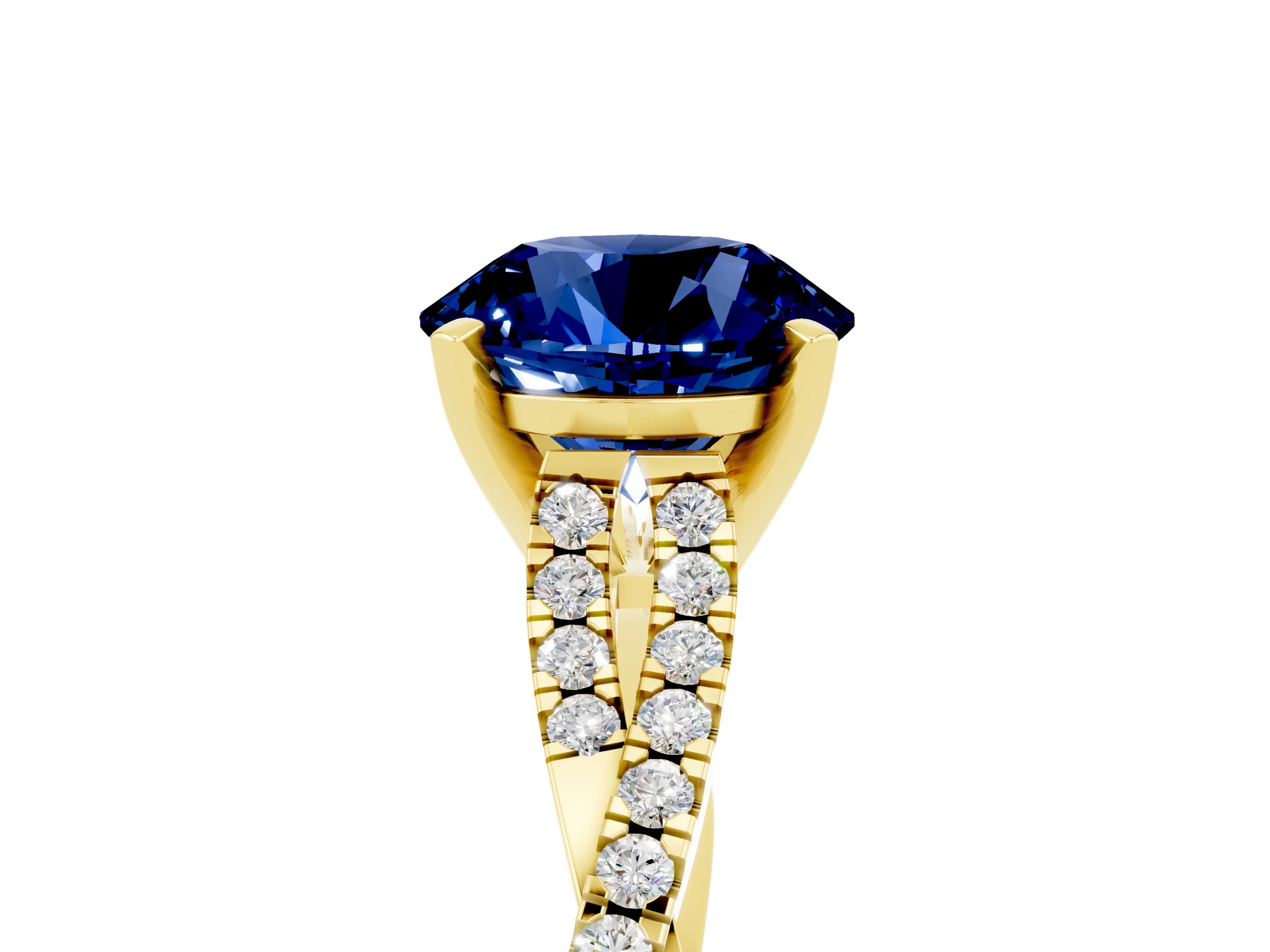 Yellow gold Round Cut Blue Sapphire Solitaire Engagement Ring with Twisted Pavé Band and Four-Prong Setting_17