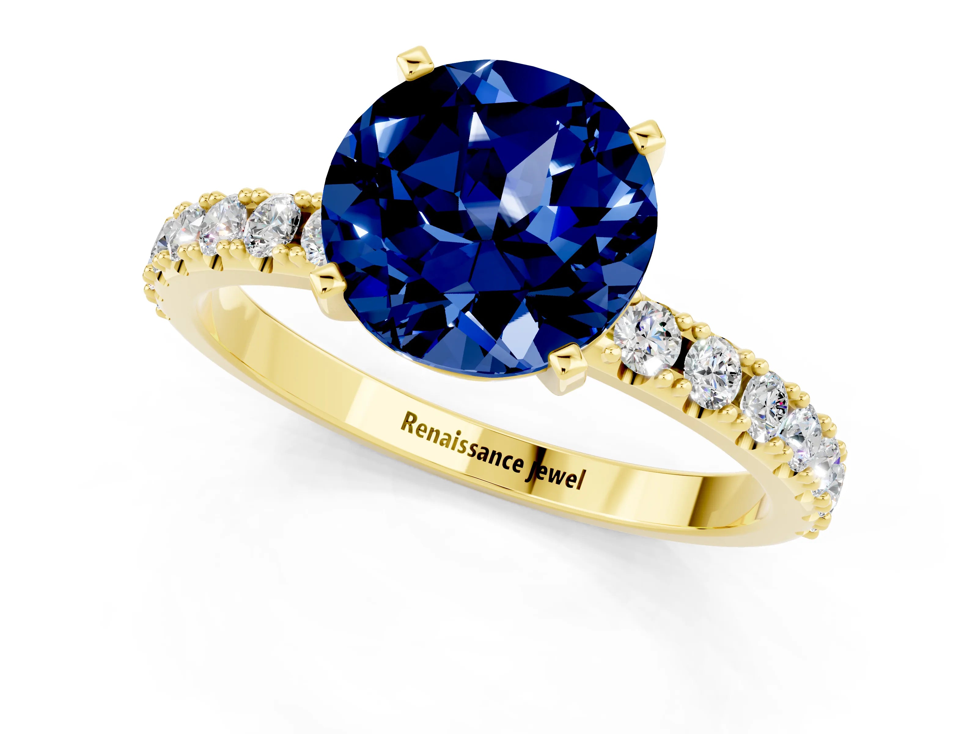 Yellow gold Round Cut Blue Sapphire Solitaire Pavé Band with Four-Prong Setting_1
