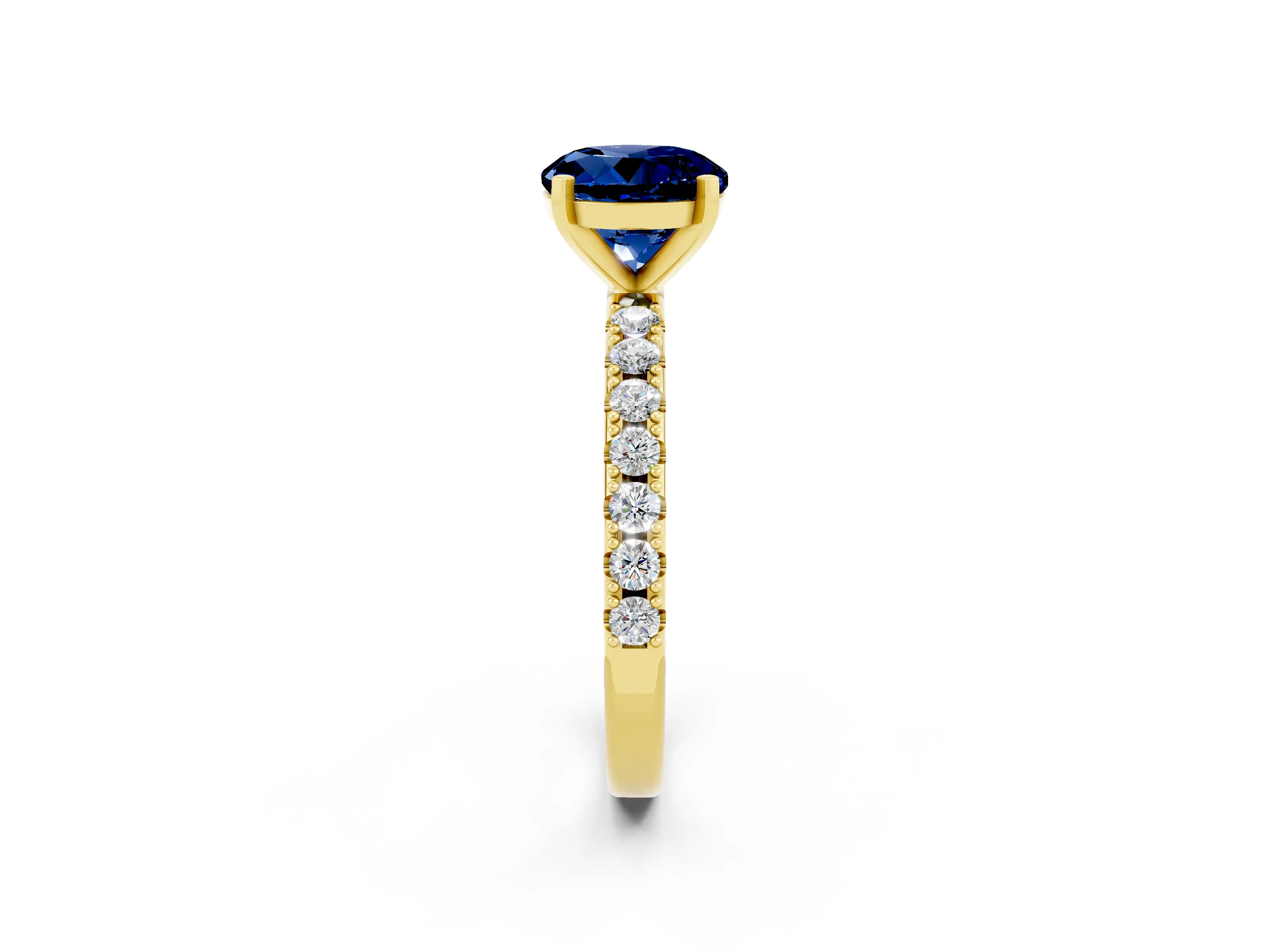 Yellow gold Round Cut Blue Sapphire Solitaire Pavé Band with Four-Prong Setting_2