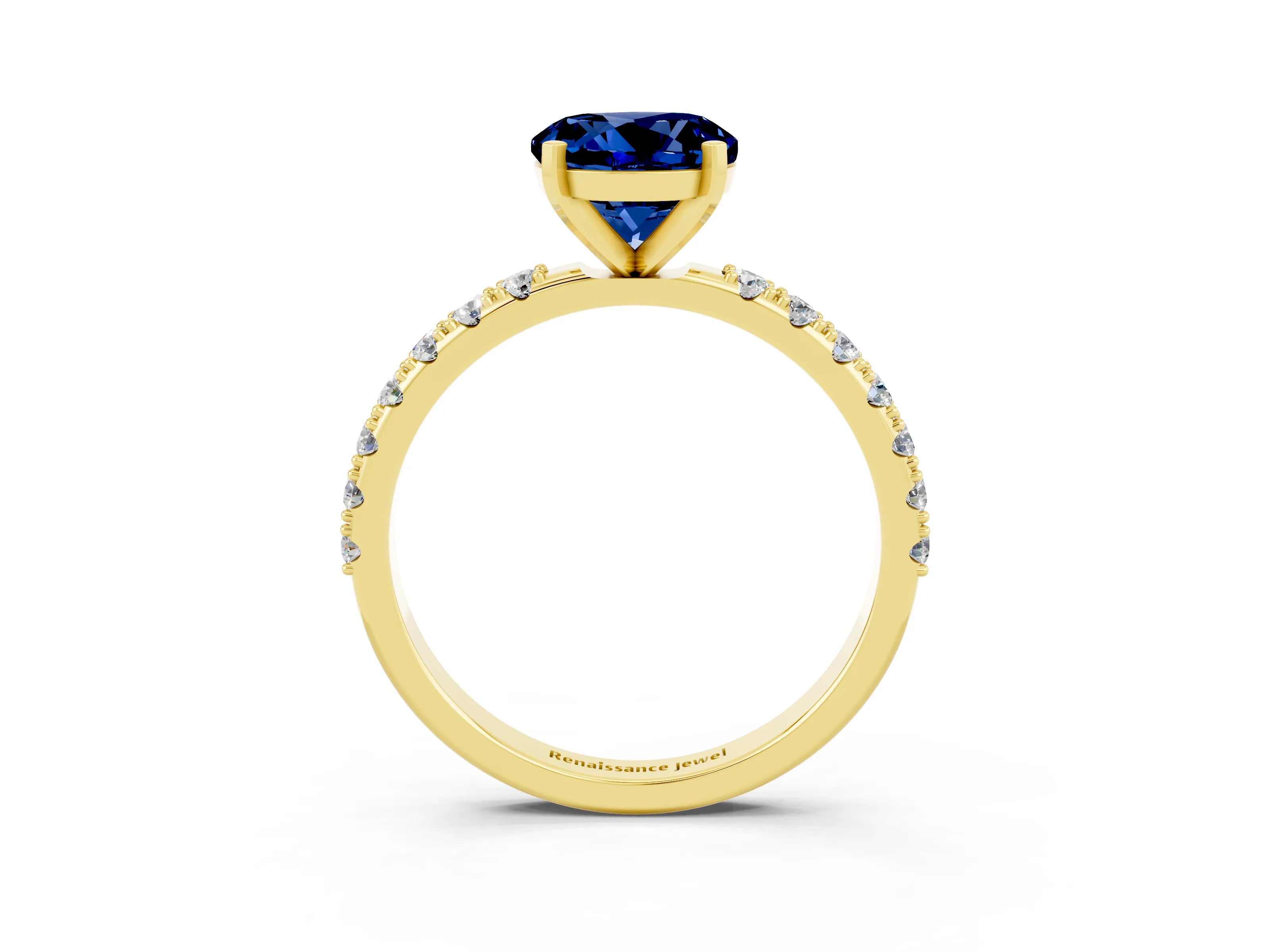 Yellow gold Round Cut Blue Sapphire Solitaire Pavé Band with Four-Prong Setting_3