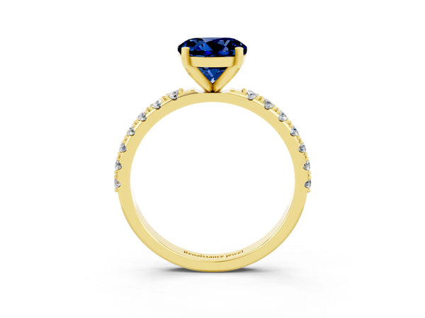Yellow gold Round Cut Blue Sapphire Solitaire Pavé Band with Four-Prong Setting