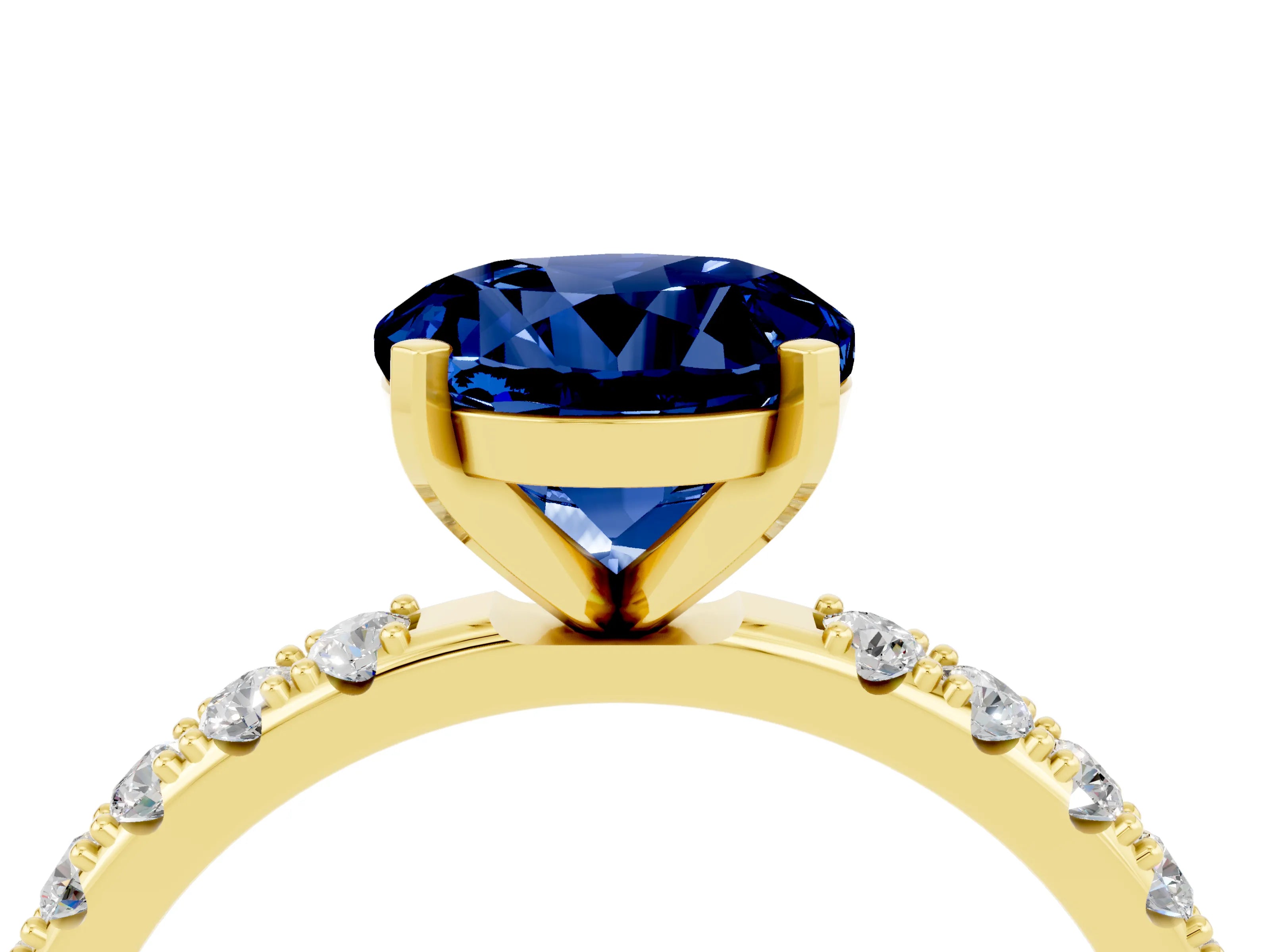Yellow gold Round Cut Blue Sapphire Solitaire Pavé Band with Four-Prong Setting_4