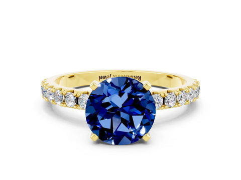 Yellow gold Round Cut Blue Sapphire Solitaire Pavé Band with Four-Prong Setting
