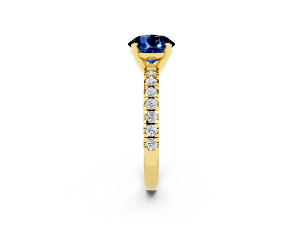 Yellow gold Round Cut Blue Sapphire Solitaire Pavé Engagement Ring with Round Band and Prong Setting