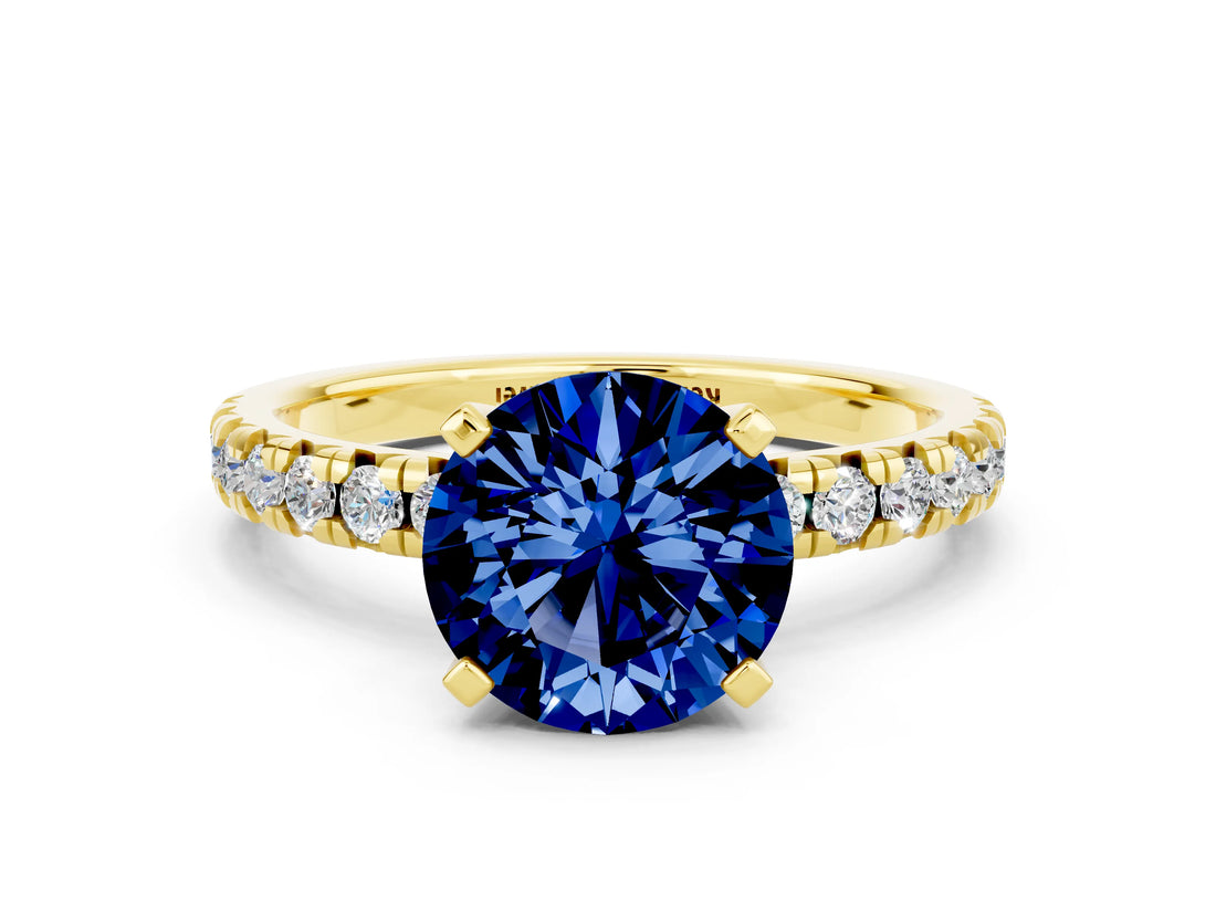 Yellow gold Round Cut Blue Sapphire Solitaire Pavé Engagement Ring with Round Band and Prong Setting_60