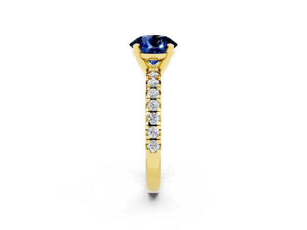 Yellow gold Round Cut Blue Sapphire Solitaire Pavé Engagement Ring with Round Band and Prong Setting