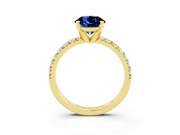 Yellow gold Round Cut Blue Sapphire Solitaire Pavé Engagement Ring with Round Band and Prong Setting