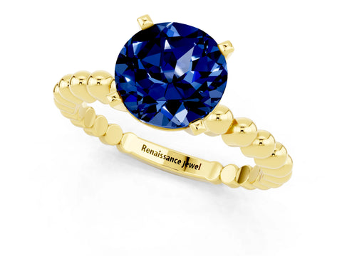 Yellow gold Round Cut Blue Sapphire Solitaire Ring with Beaded Band and Prong Setting_1