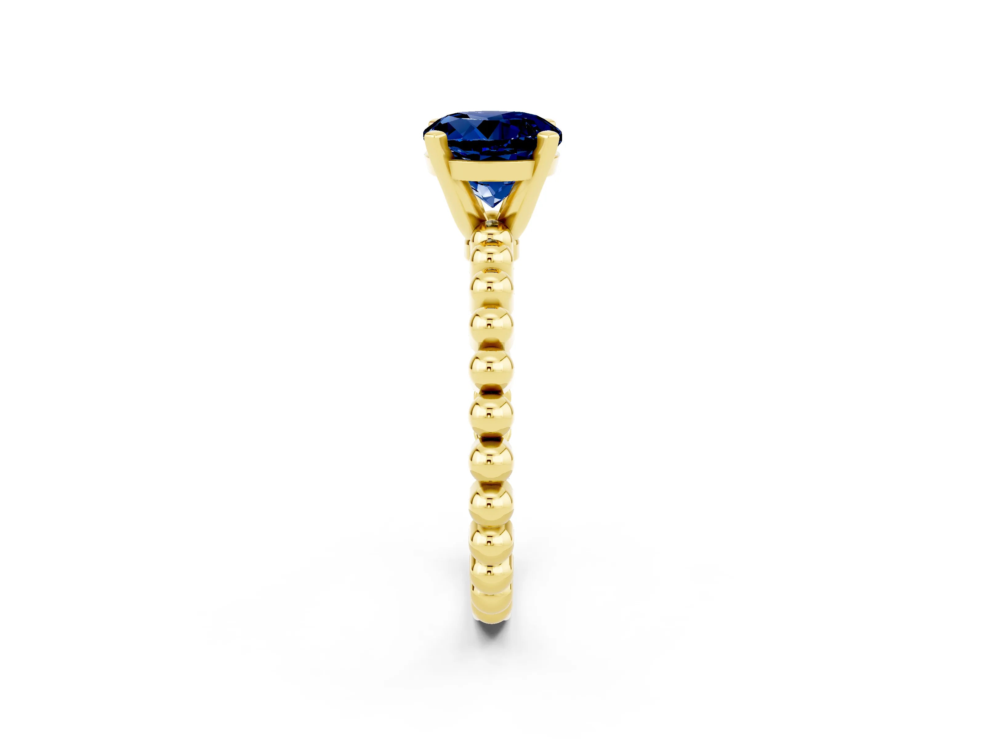 Yellow gold Round Cut Blue Sapphire Solitaire Ring with Beaded Band and Prong Setting_2
