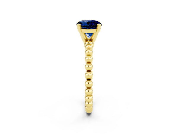 Yellow gold Round Cut Blue Sapphire Solitaire Ring with Beaded Band and Prong Setting