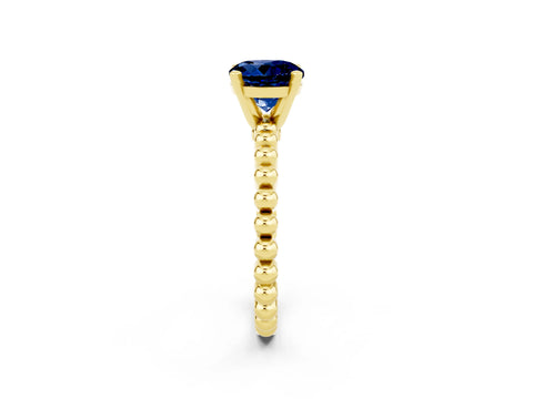 Yellow gold Round Cut Blue Sapphire Solitaire Ring with Beaded Band and Prong Setting_2