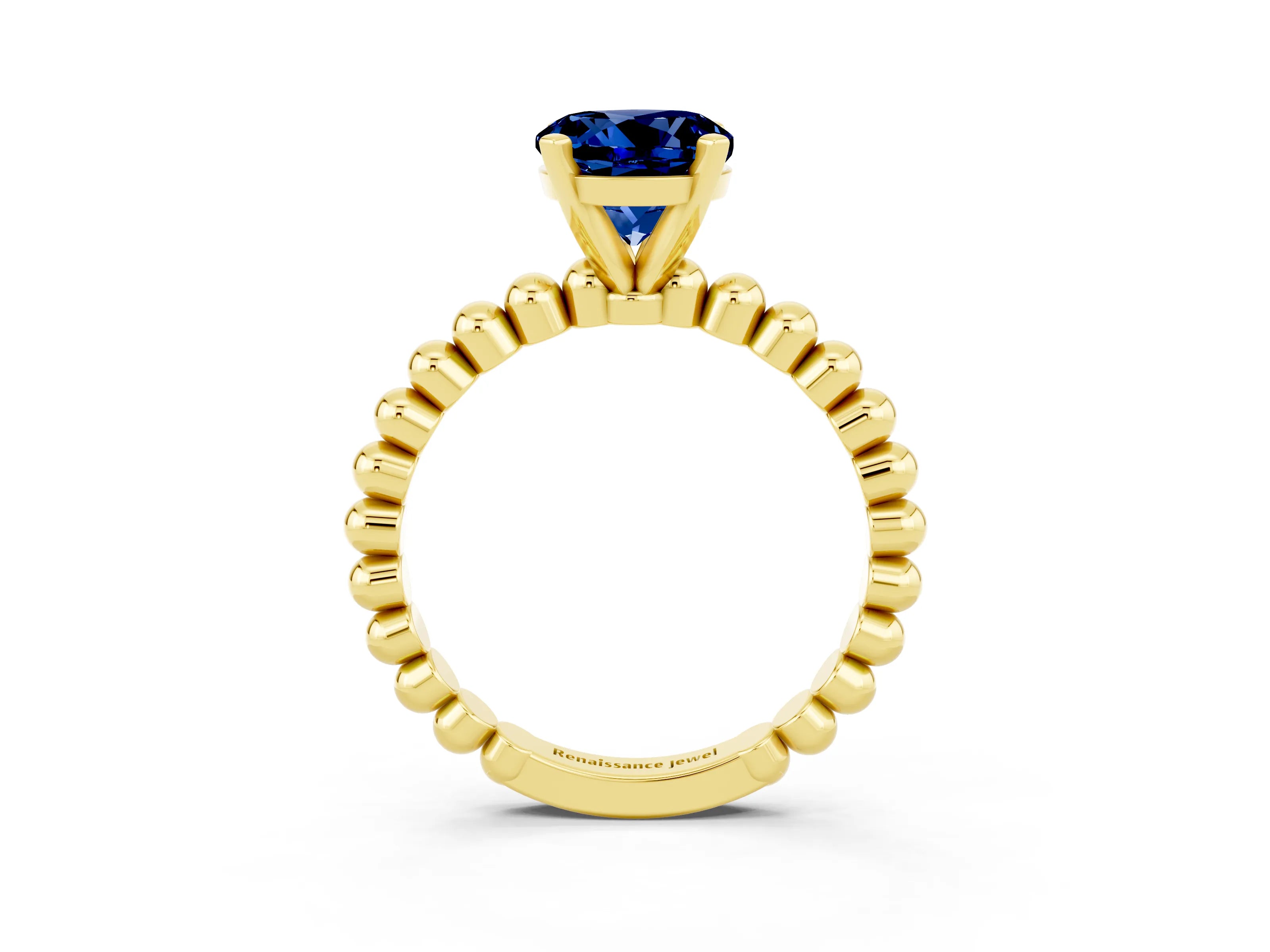 Yellow gold Round Cut Blue Sapphire Solitaire Ring with Beaded Band and Prong Setting_3
