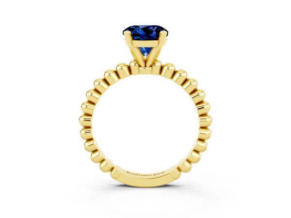Yellow gold Round Cut Blue Sapphire Solitaire Ring with Beaded Band and Prong Setting