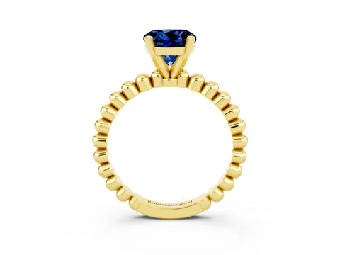Yellow gold Round Cut Blue Sapphire Solitaire Ring with Beaded Band and Prong Setting_3