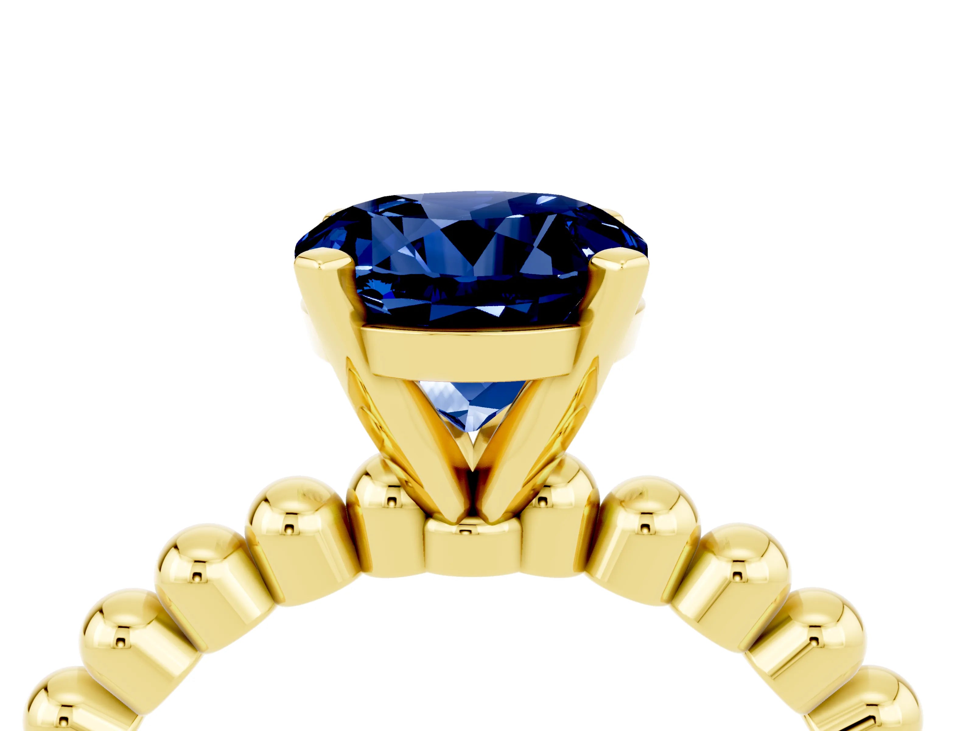 Yellow gold Round Cut Blue Sapphire Solitaire Ring with Beaded Band and Prong Setting_4