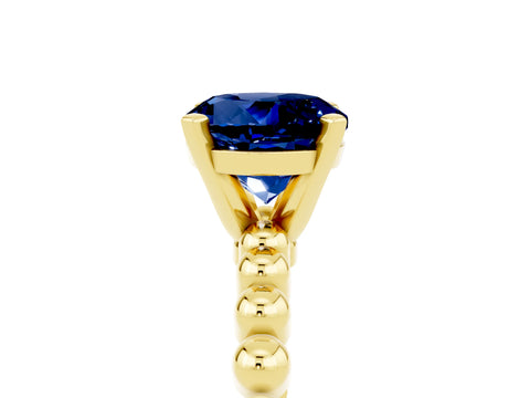 Yellow gold Round Cut Blue Sapphire Solitaire Ring with Beaded Band and Prong Setting_5