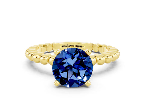 Yellow gold Round Cut Blue Sapphire Solitaire Ring with Beaded Band and Prong Setting