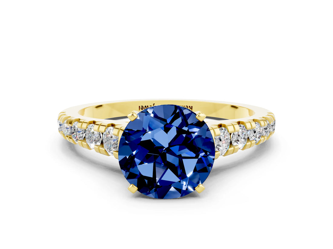Yellow gold Round Cut Blue Sapphire Solitaire Ring with Cathedral Setting and Pavé Band