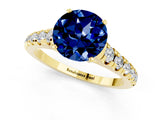 Yellow gold Round Cut Blue Sapphire Solitaire Ring with Cathedral Setting and Pavé Band_1
