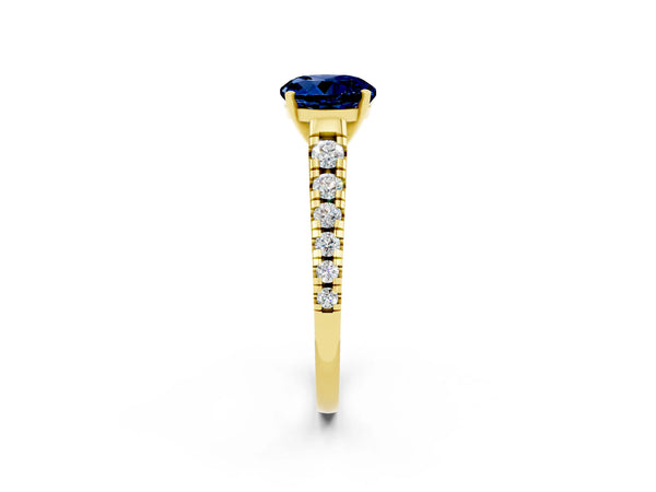 Yellow gold Round Cut Blue Sapphire Cathedral Solitaire Ring with Round  Pavé Band