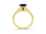 Yellow gold Round Cut Blue Sapphire Solitaire Ring with Cathedral Setting and Pavé Band_3