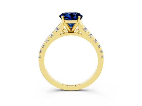 Yellow gold Round Cut Blue Sapphire Cathedral Solitaire Ring with Round  Pavé Band