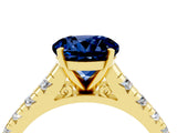 Yellow gold Round Cut Blue Sapphire Solitaire Ring with Cathedral Setting and Pavé Band_4