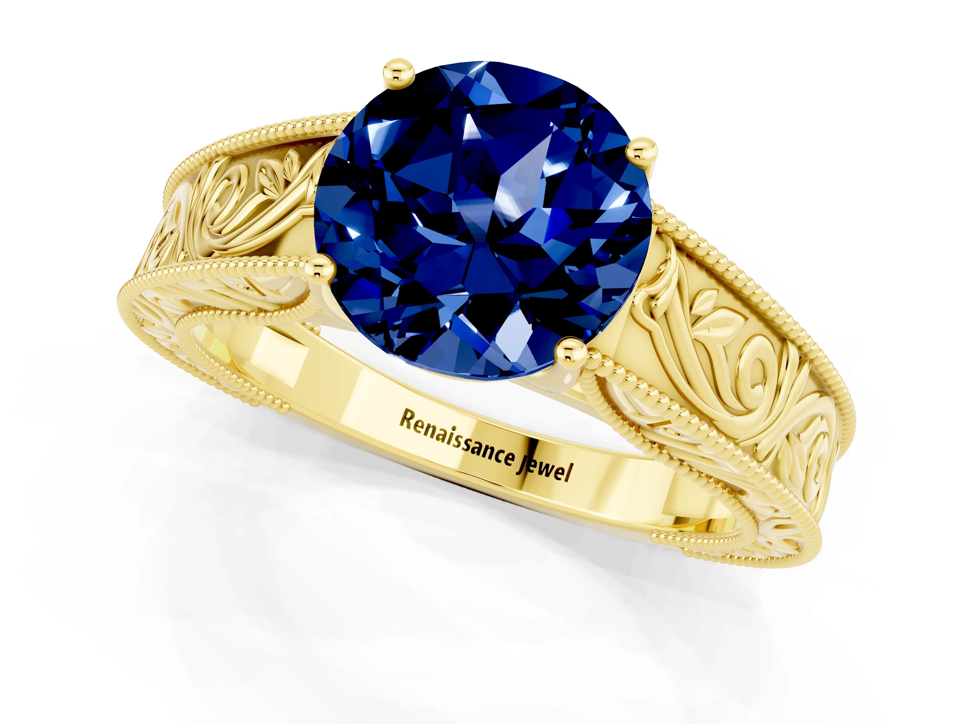 Yellow gold Round Cut Blue Sapphire Solitaire Ring with Engraved Band and Four-Prong Setting_1