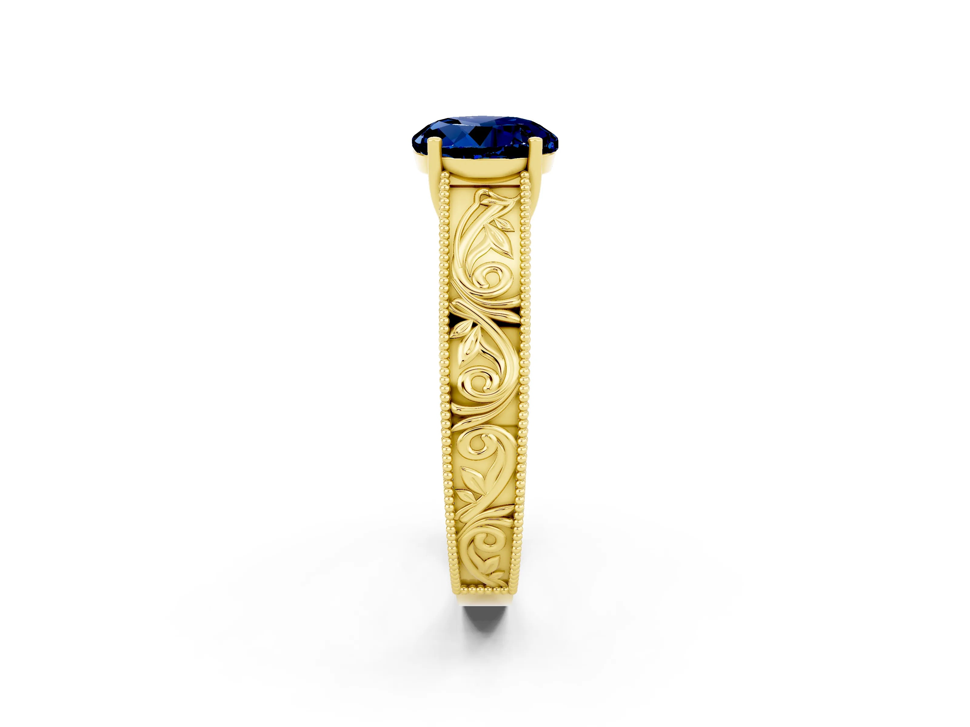 Yellow gold Round Cut Blue Sapphire Solitaire Ring with Engraved Band and Four-Prong Setting_2