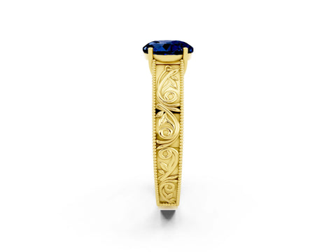 Yellow gold Round Cut Blue Sapphire Solitaire Ring with Engraved Band and Four-Prong Setting_2