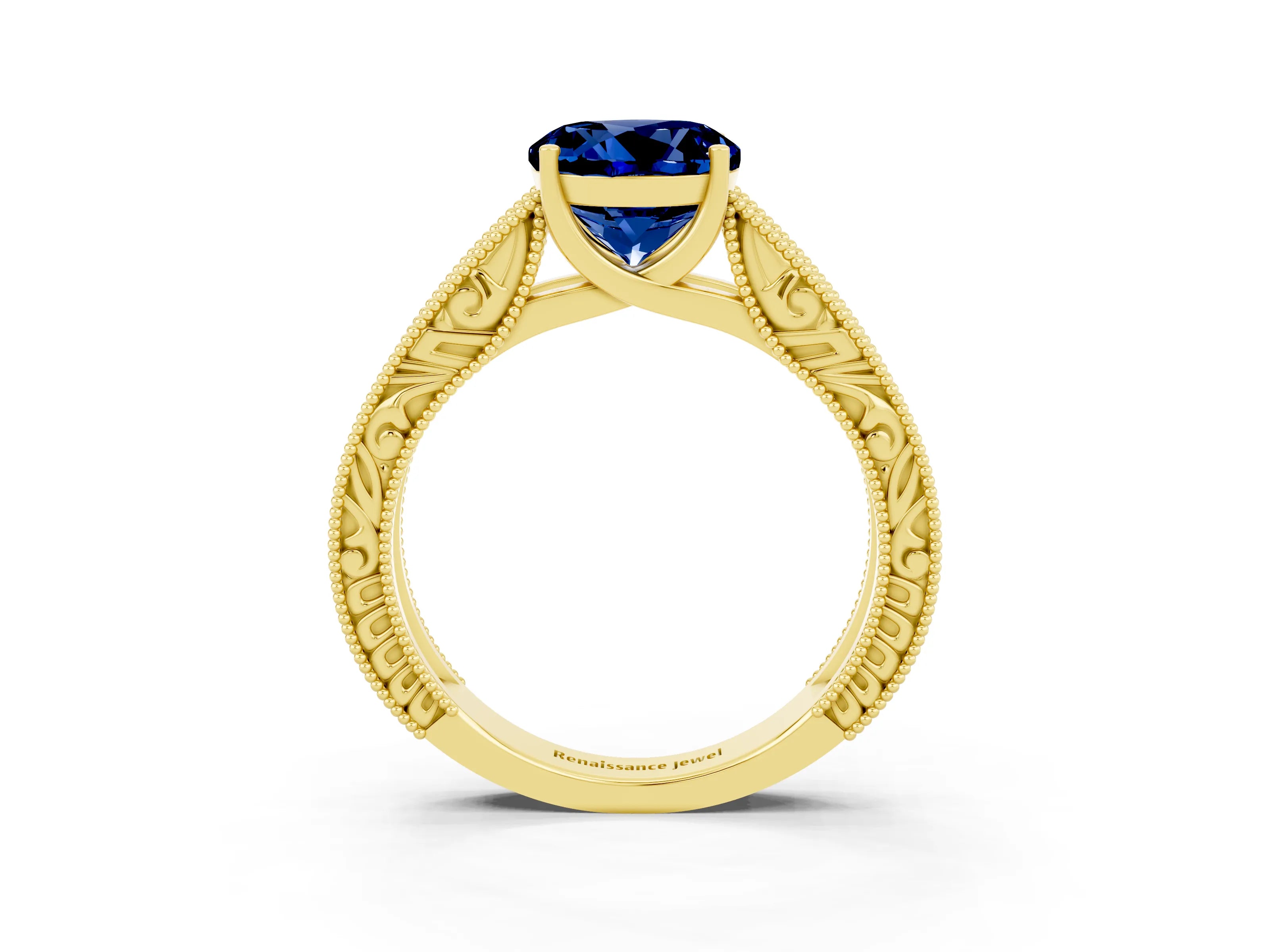 Yellow gold Round Cut Blue Sapphire Solitaire Ring with Engraved Band and Four-Prong Setting_3