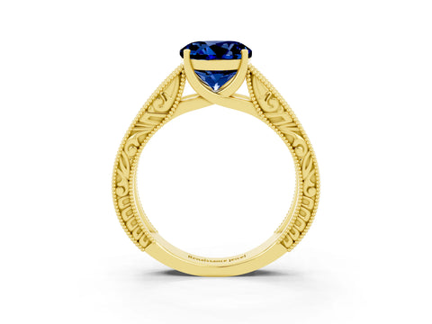Yellow gold Round Cut Blue Sapphire Solitaire Ring with Engraved Band and Four-Prong Setting_3