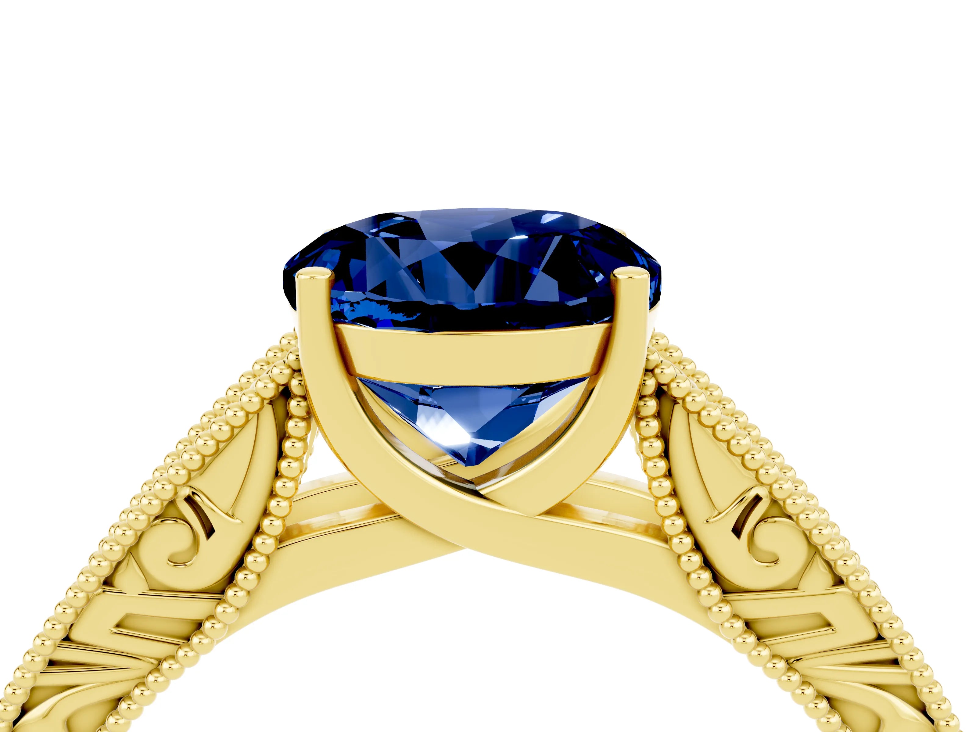 Yellow gold Round Cut Blue Sapphire Solitaire Ring with Engraved Band and Four-Prong Setting_4