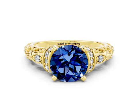 Yellow gold Round Cut Blue Sapphire Solitaire Ring with Filigree Band and Four-Prong Setting_24