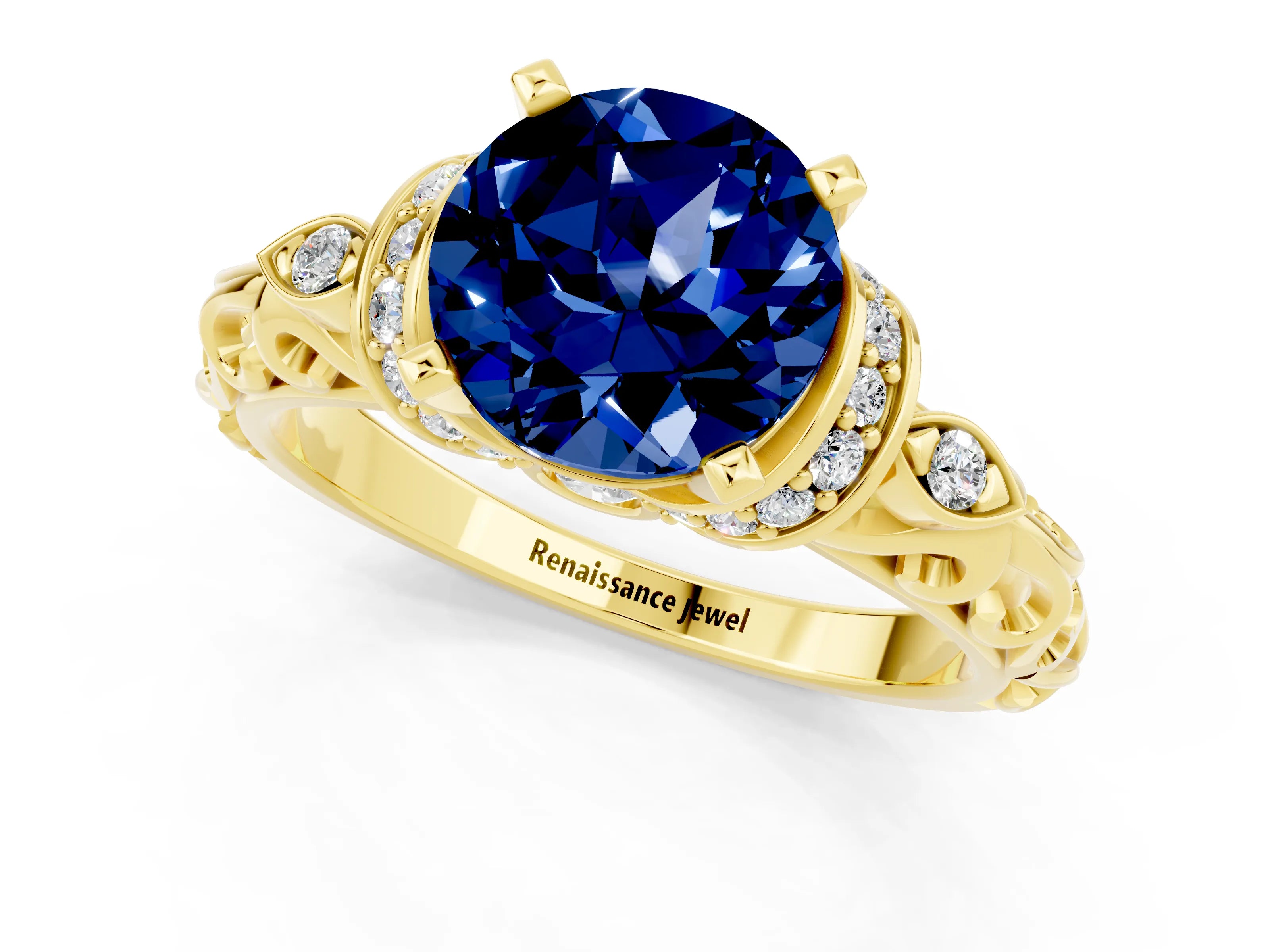 Yellow gold Round Cut Blue Sapphire Solitaire Ring with Filigree Band and Four-Prong Setting_25