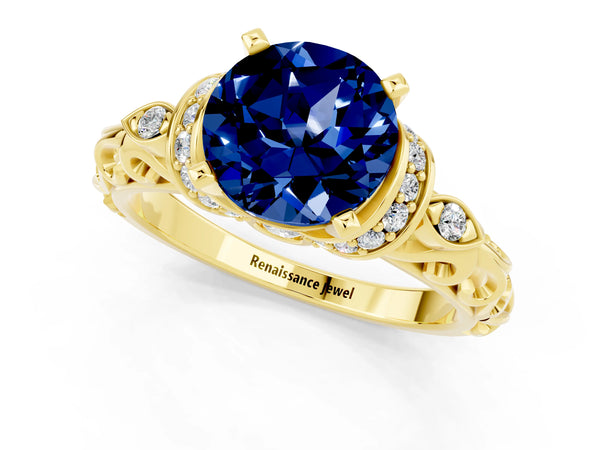 Yellow gold Round Cut Blue Sapphire Solitaire Ring with Filigree Band and Four-Prong Setting