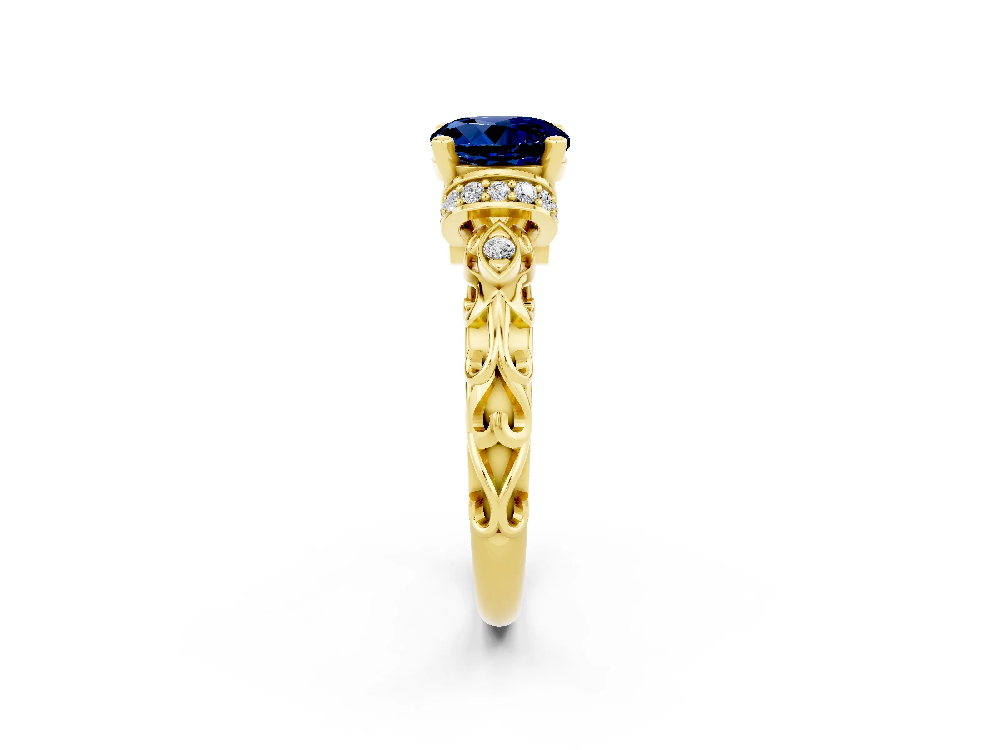 Yellow gold Round Cut Blue Sapphire Solitaire Ring with Filigree Band and Four-Prong Setting_26