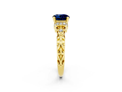 Yellow gold Round Cut Blue Sapphire Solitaire Ring with Filigree Band and Four-Prong Setting_26