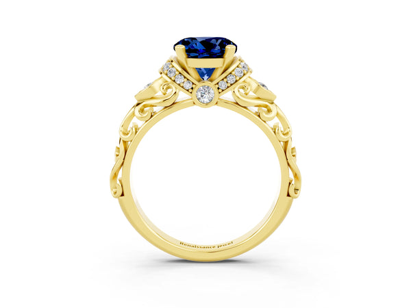 Yellow gold Round Cut Blue Sapphire Solitaire Ring with Filigree Band and Four-Prong Setting