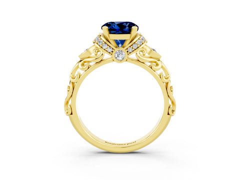Yellow gold Round Cut Blue Sapphire Solitaire Ring with Filigree Band and Four-Prong Setting_27