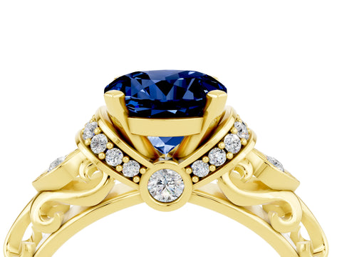 Yellow gold Round Cut Blue Sapphire Solitaire Ring with Filigree Band and Four-Prong Setting_28